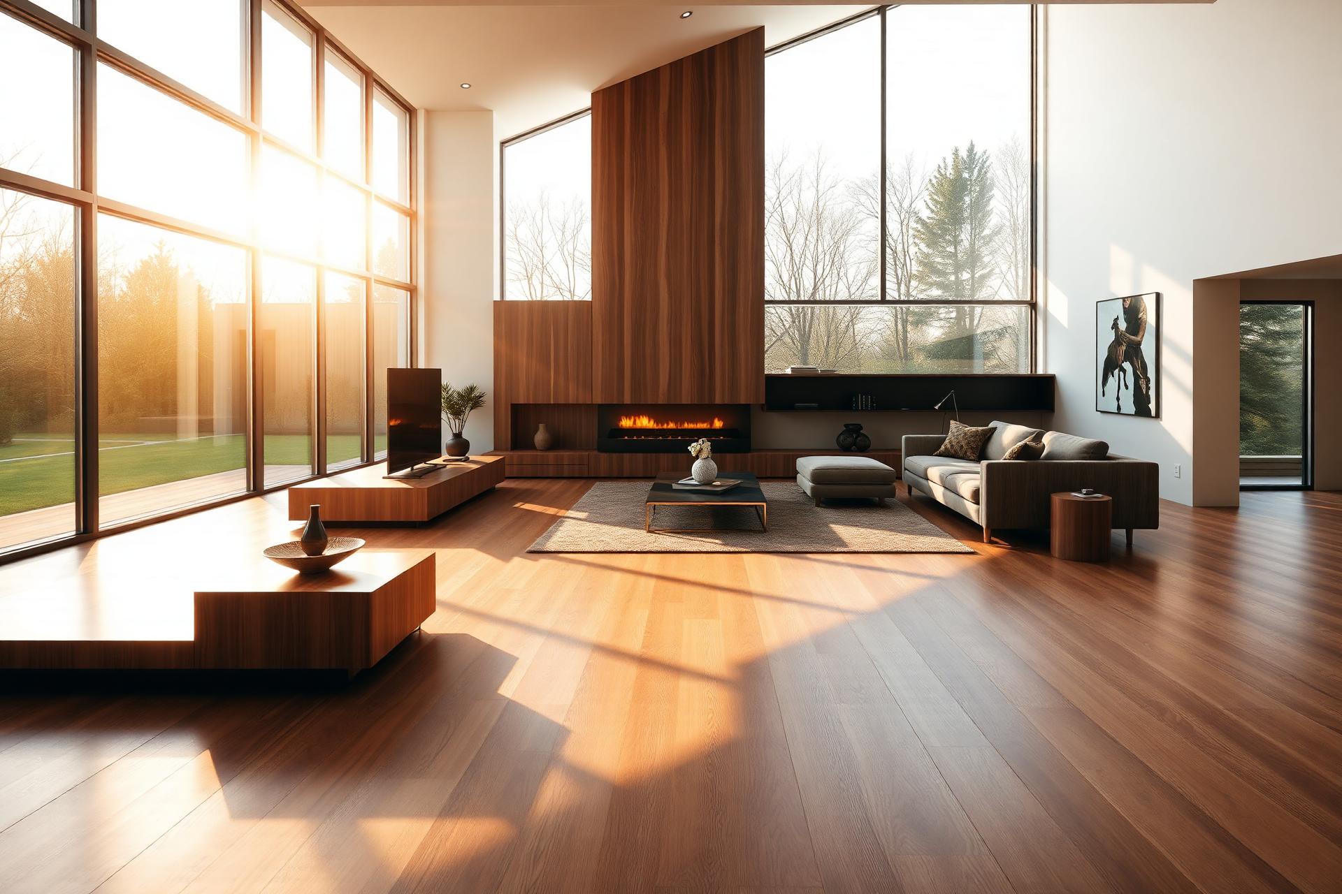 Luxury wide-plank walnut hardwood flooring in a modern living room